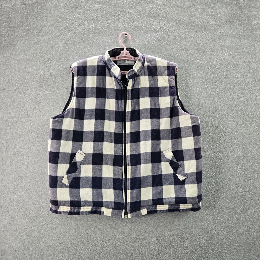 VINTAGE Woodland Men Jacket XL Navy‎ Vest Plaid Puffer Zipper Sleeveless